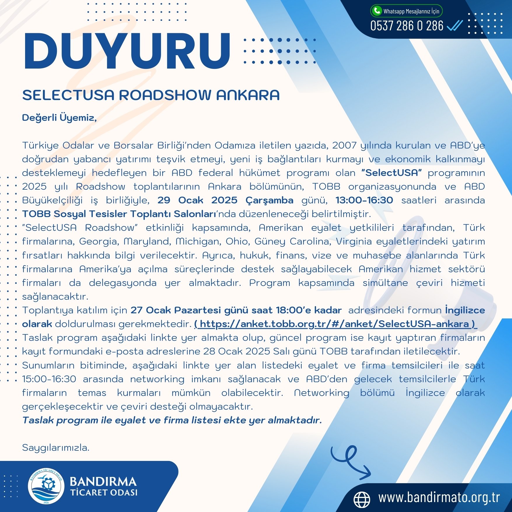 SELECTUSA ROADSHOW ANKARA, 29 OCAK 2025