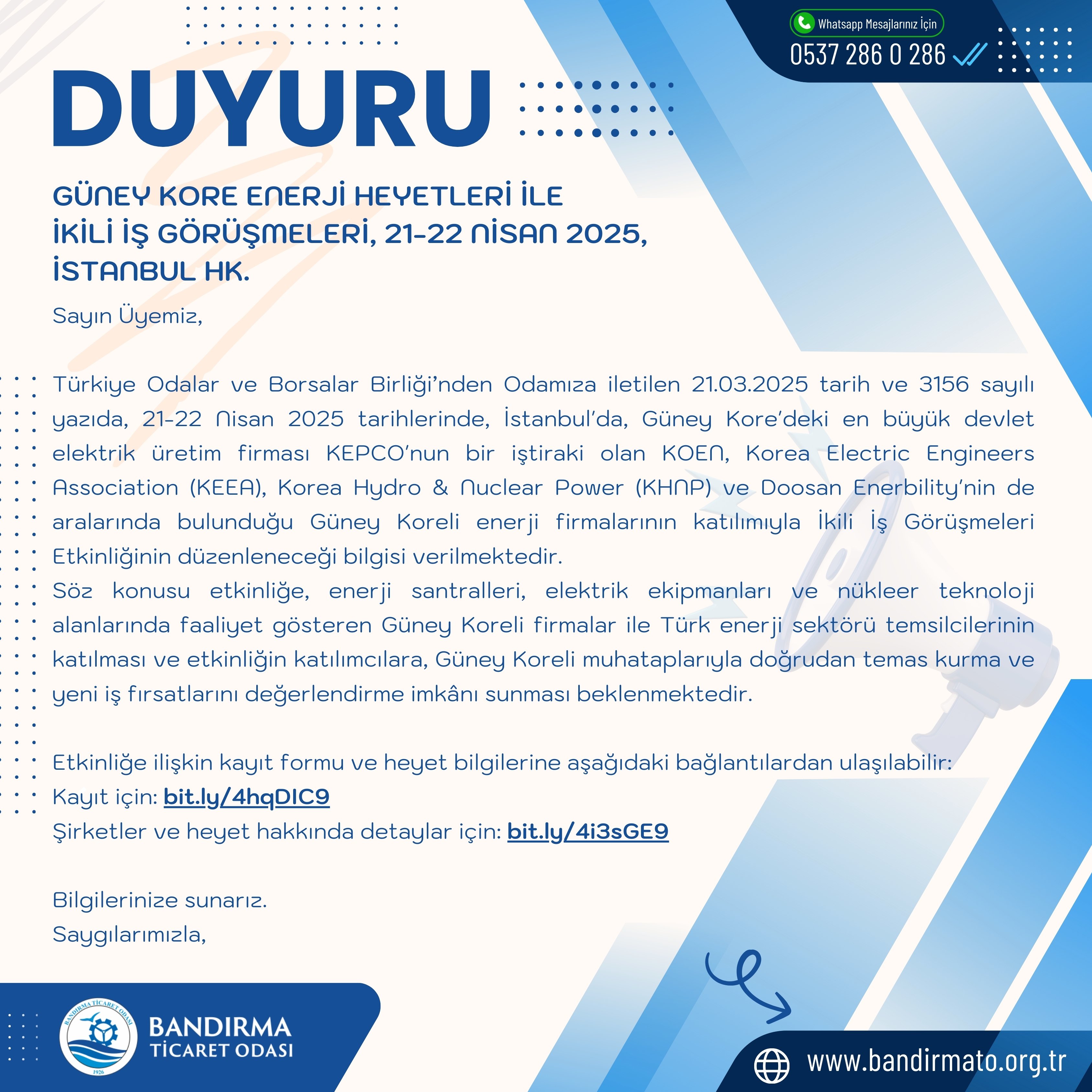 GÜNEY KORE ENERJİ HEYETLERİ İLE  İKİLİ İŞ GÖRÜŞMELERİ, 21-22 NİSAN 2025,  İSTANBUL HK.